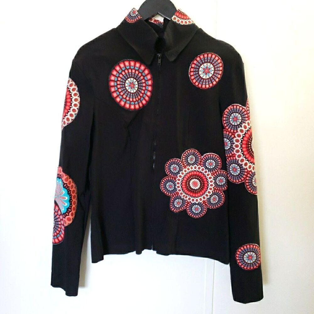 Artisan Handmade Jacket Sewn Mandala Appliqué Black Statement Coat Artsy Sz S/M